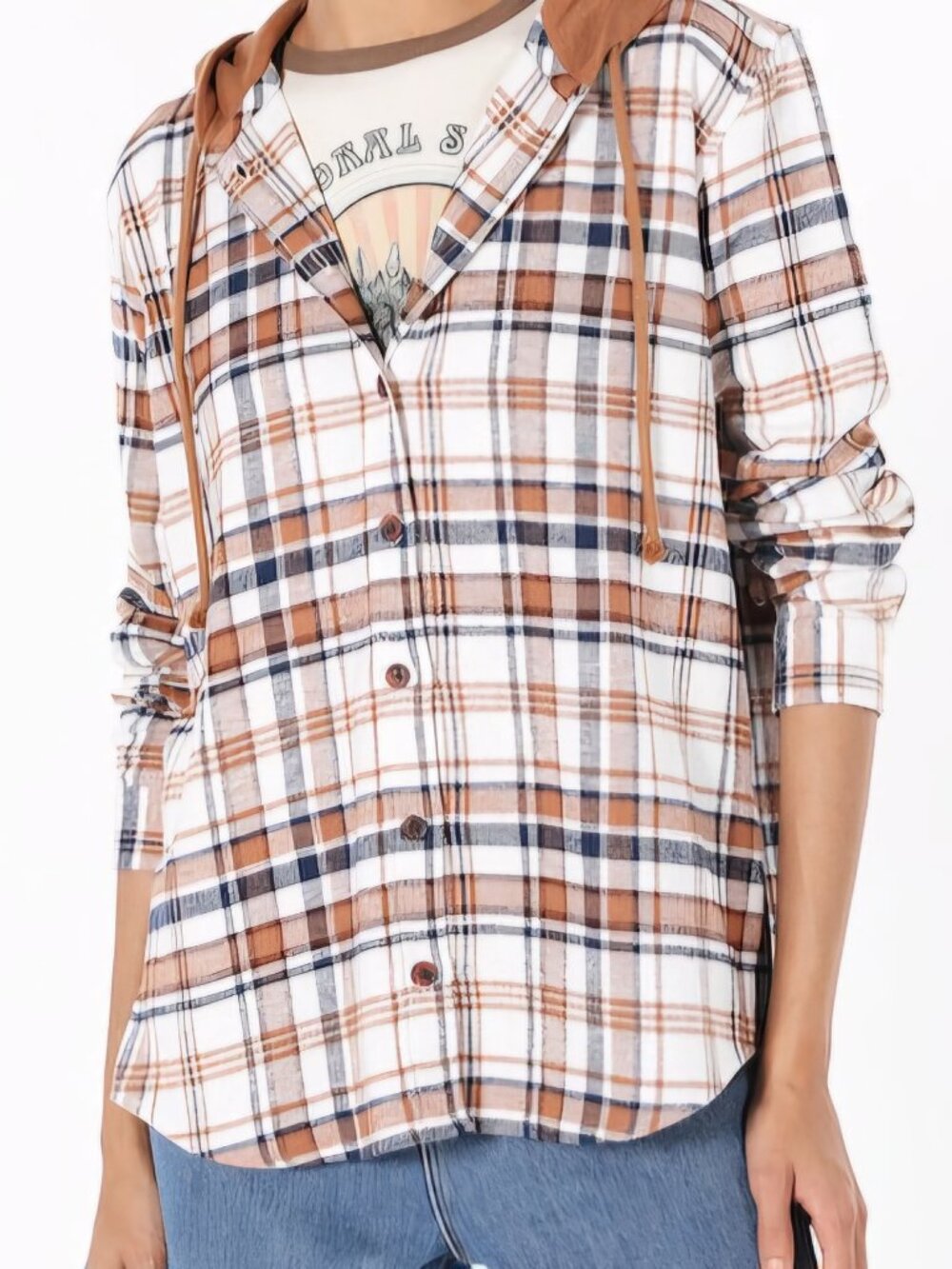 American Eagle Brown and White Plaid Flannel Hoodie XS